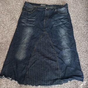 BE-GIRL Denim Maxi Skirt 3XL | Y2K Patchwork Panel Raw Hem Jean Skirt
